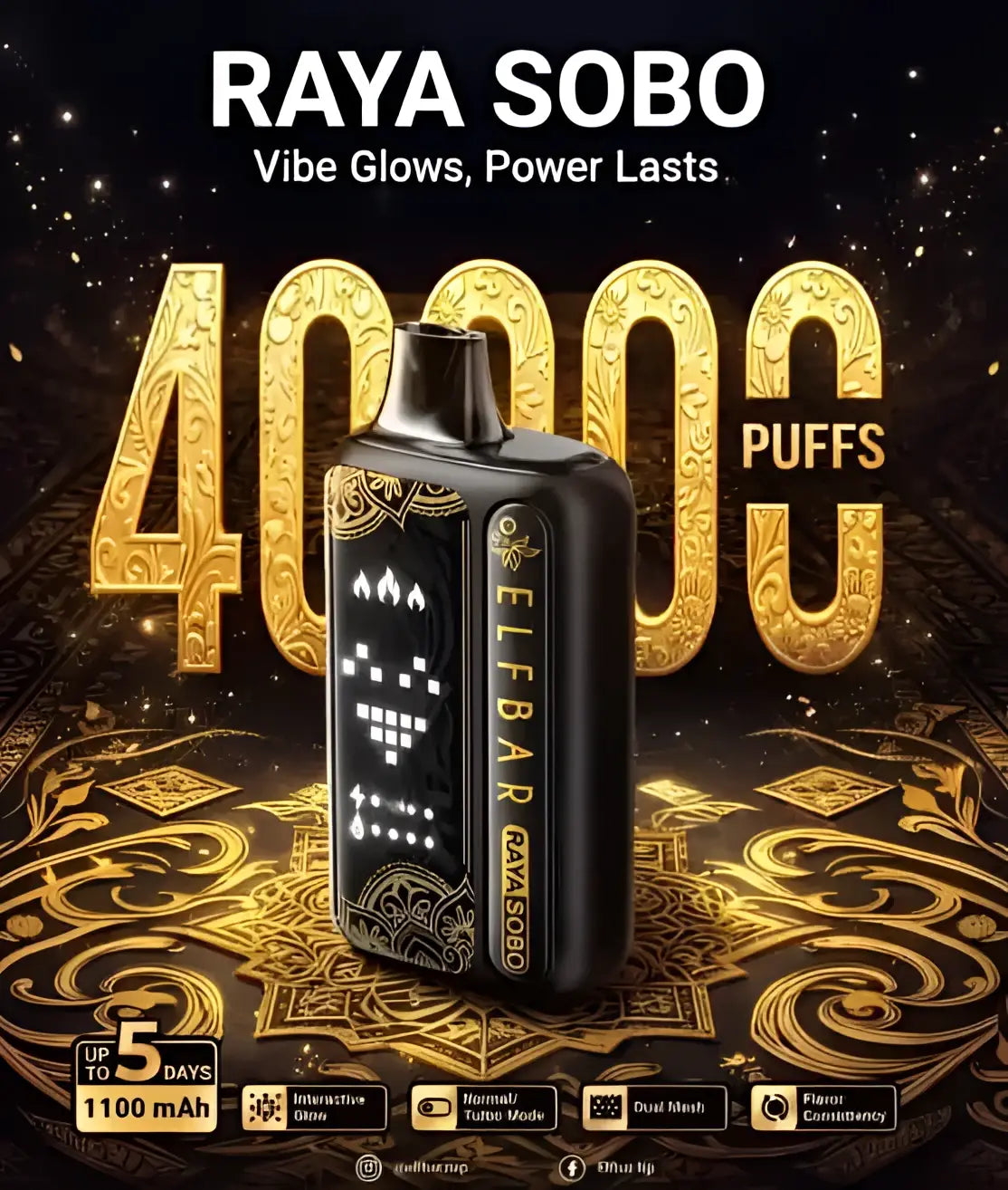 Elf Bar Raya Sobo 40000 Puffs disposable vape with cola ice flavor, shown in a sleek design for disposable vapes.