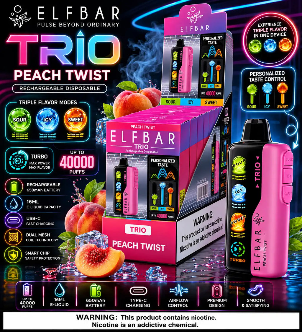 Elf Bar Trio 40000 Puffs disposable vape with peach ice flavor, featuring triple flavor modes, by Luxe Vape India.