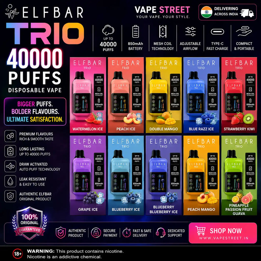 Elf Bar Trio 40000 Puffs disposable vape with peach ice flavor, featuring triple flavor modes, shown in a sleek design.