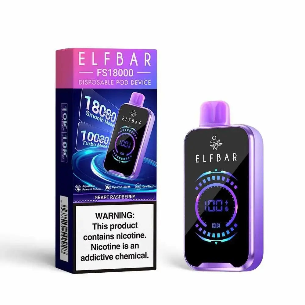 IVG Elfbar FS 18000 Puffs disposable vape in black and cranberry flavor, rechargeable high puff device, shown on white background.