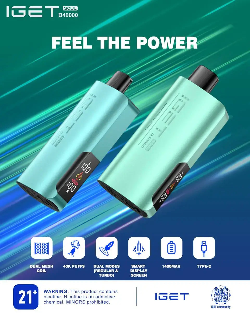 IVG IGET Soul B40000 disposable vape with dual mesh coil, coffee flavor, designed for 40,000 puffs, Luxe Vape India.