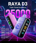 IVG Elfbar Raya D3 disposable vape with grape ice flavor, rechargeable high puff device, featuring vibrant grape ice design.