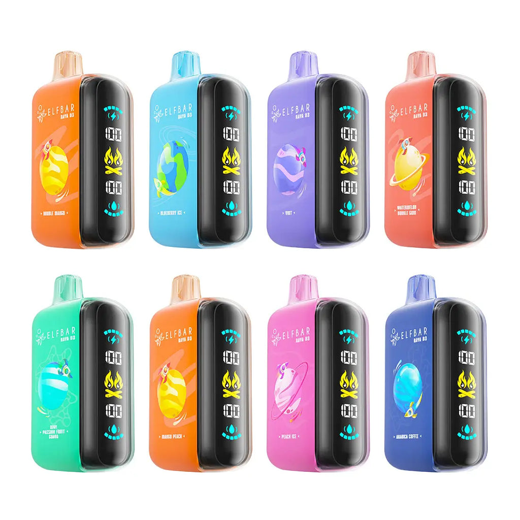 IVG Elfbar Raya D3 disposable vape in grape ice flavor, rechargeable high puff device with 25,000 puffs, on white background.