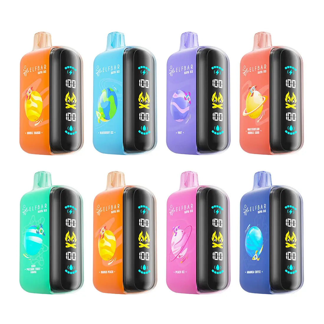 IVG Elfbar Raya D3 disposable vape in grape ice flavor, rechargeable high puff device with 25,000 puffs, on white background.