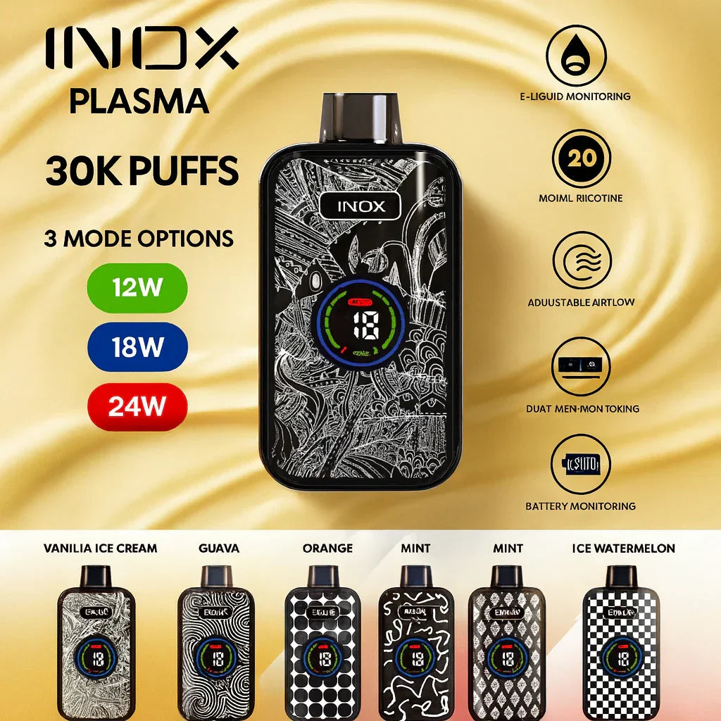 IVG INOX Plasma disposable vape with guava flavor, 30,000 puffs, 20MG nicotine, rechargeable design, sleek and portable.