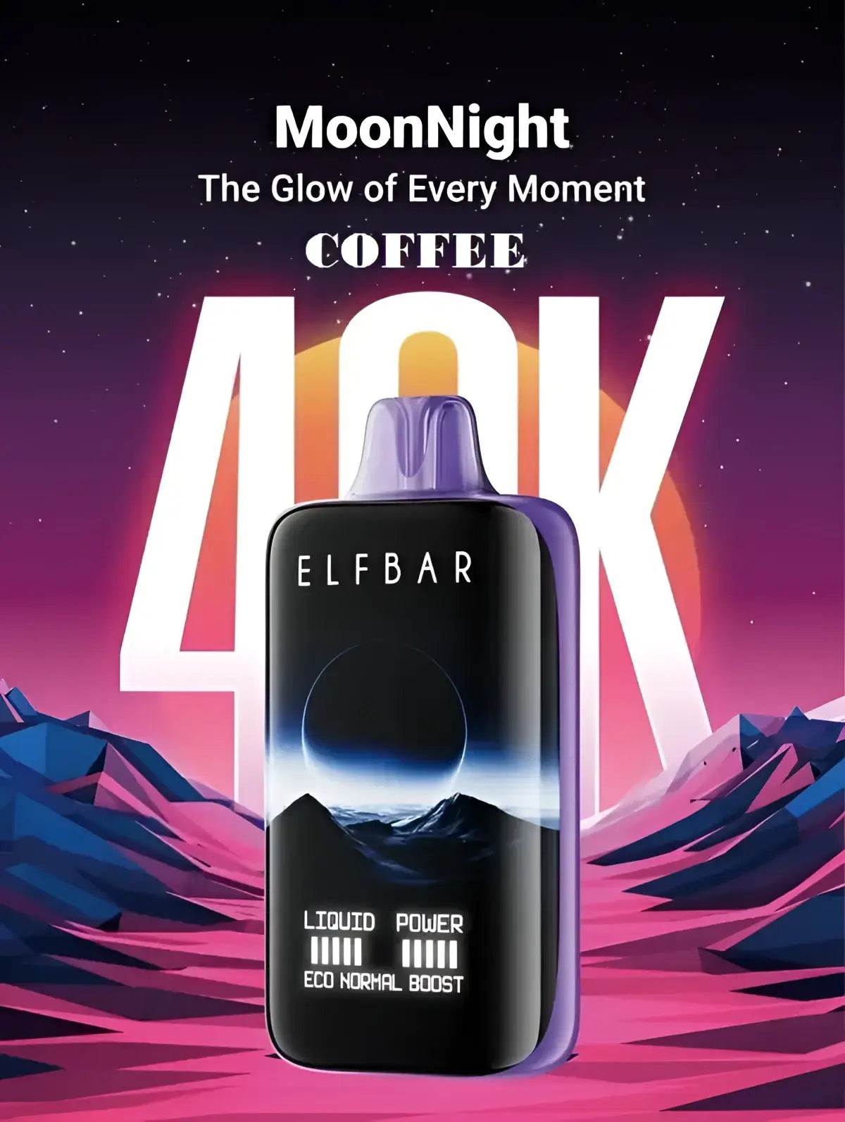 IVG Elf Bar MoonNight 40000 Puffs disposable vape with sleek black design and colorful branding, showcasing its portable, easy-to-use form.