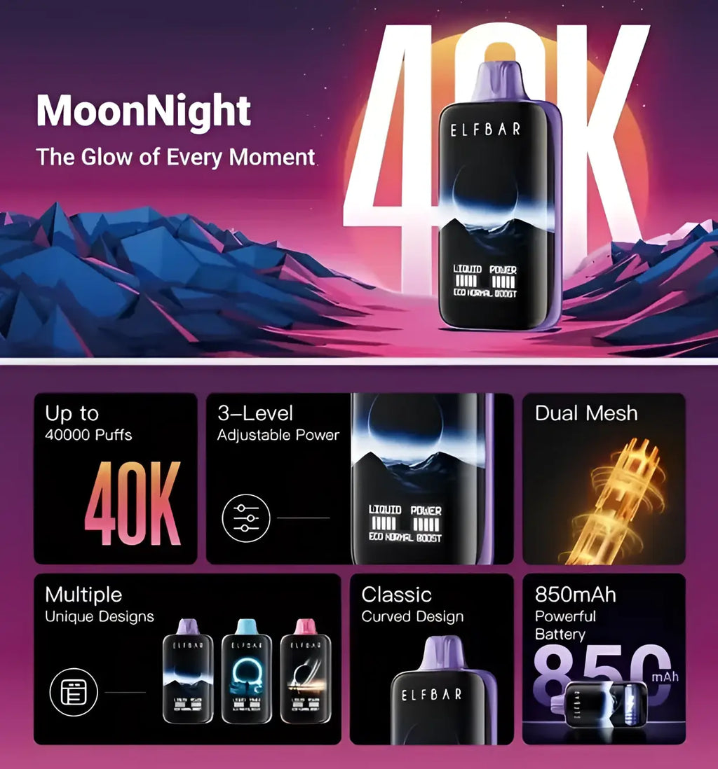 IVG Elf Bar MoonNight 40000 Puffs disposable vape with sleek black design and colorful branding, showcasing its compact shape.