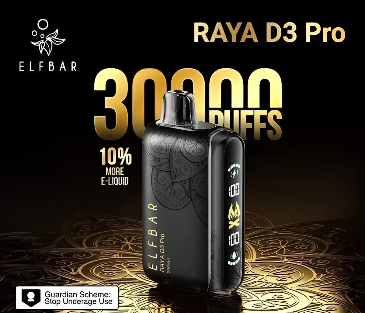 IVG Elf Bar Raya D3 Pro disposable vape with lychee and juicy peach flavor, dual mode rechargeable design.