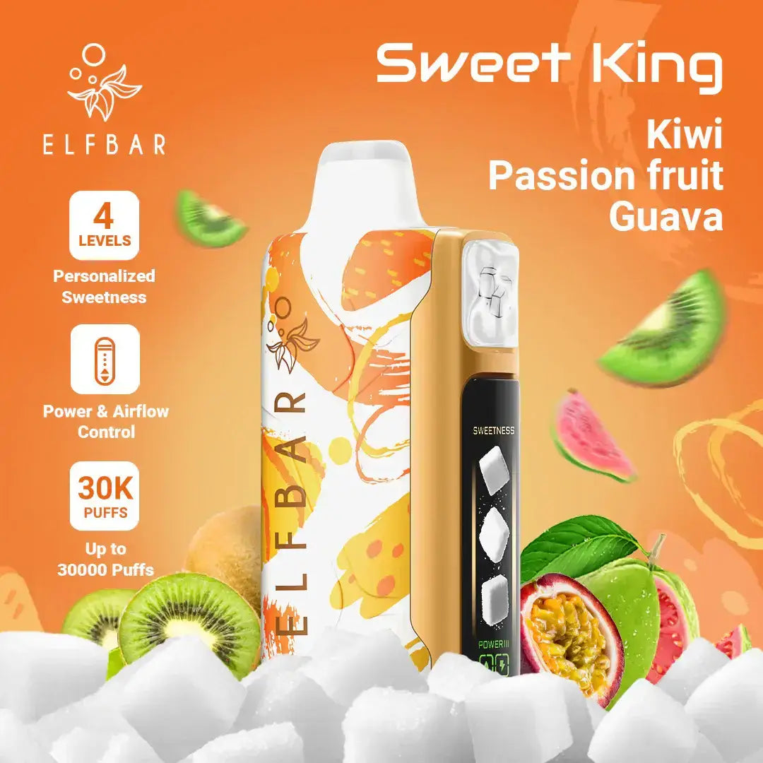IVG Elfbar Sweet King disposable vape with triple melon flavor, rechargeable device, high puff capacity, ideal for vaping.