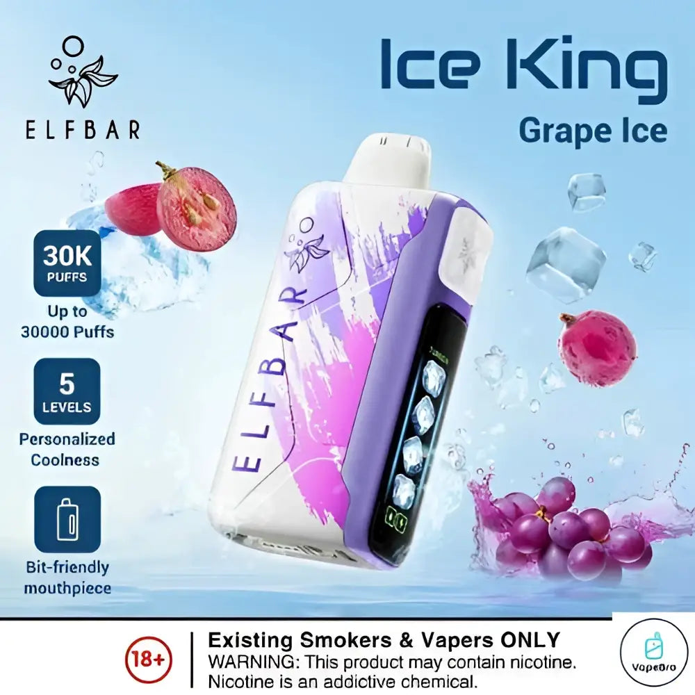 IVG Elf Bar Ice King 30000 Puffs disposable vape with watermelon ice flavor, long-lasting electronic vape device, on a white background.