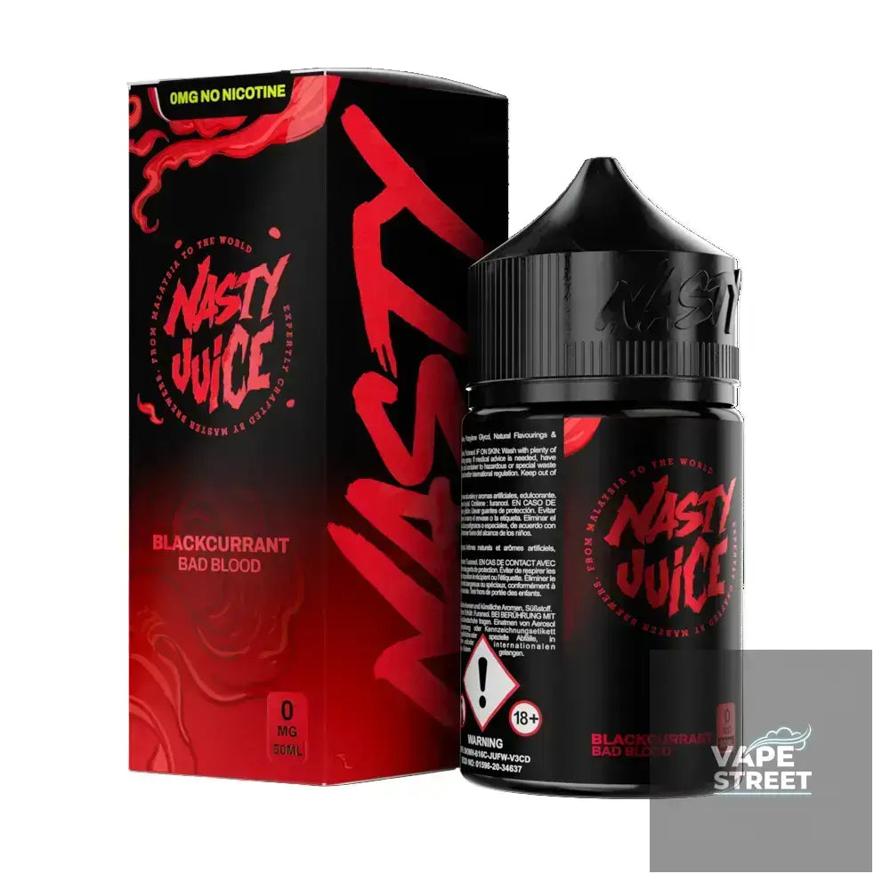 IVG Nasty Bad Blood Blackcurrant Mint Freebase E-Liquid for vaping, showing the 3mg/6mg juice bottle with blackcurrant and mint flavor.