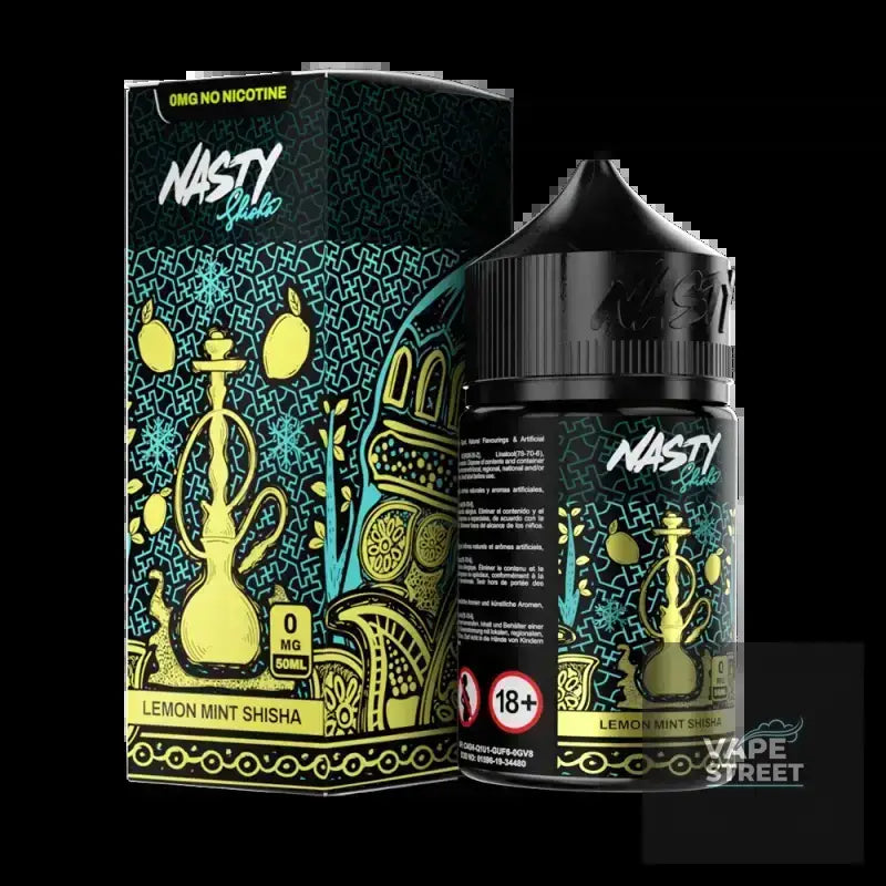 IVG Nasty Shisha Lemon Mint Freebase E-Liquid for vape, 3mg/6mg, in a clear bottle with lemon and mint flavor details.