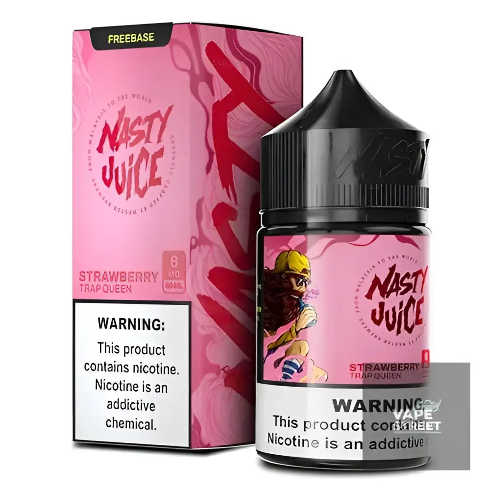 IVG Nasty Trap Queen Strawberry Freebase E-Liquid, 3mg/6mg, vape juice bottle with label showing strawberry flavor and branding.