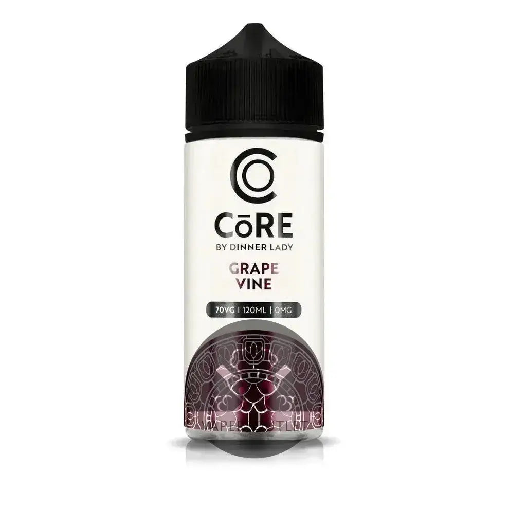 IVG Core Dinner Lady Grape Vine 120ml freebase e-liquid bottle, 3mg or 6mg vape juice with purple grape and vine imagery.
