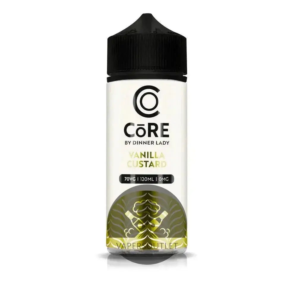 Core by Dinner Lady Vanilla Custard 120ml freebase e-liquid bottle, showing the vape juice with vanilla custard flavor and IVG branding.