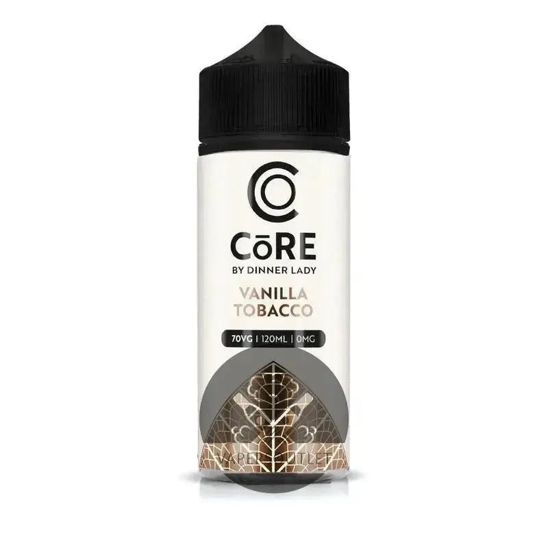 IVG Core Dinner Lady Vanilla Tobacco 120ML freebase vape juice in 3MG or 6MG, with vanilla and tobacco flavors.