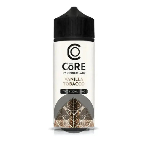 IVG Core Dinner Lady Vanilla Tobacco 120ML freebase vape juice in 3MG or 6MG, with vanilla and tobacco flavors.