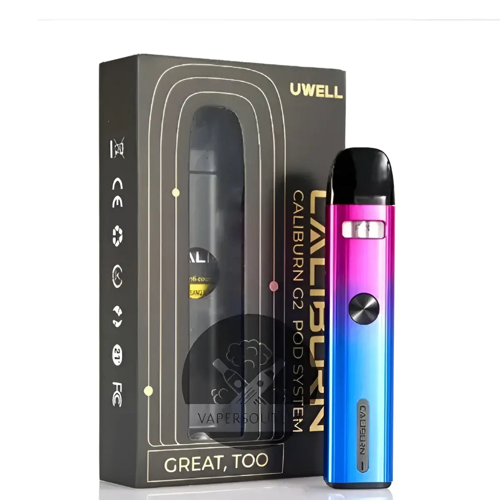 IVG Uwell Caliburn G2 18W pod system kit for MTL vaping, black color, compact vape device for easy vaping experience.