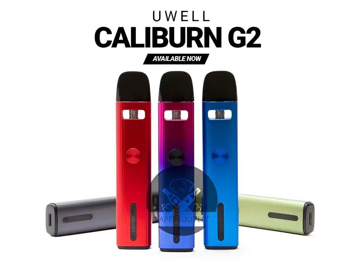 IVG Uwell Caliburn G2 18W pod system kit in black, compact MTL vape device with sleek design and user-friendly features.
