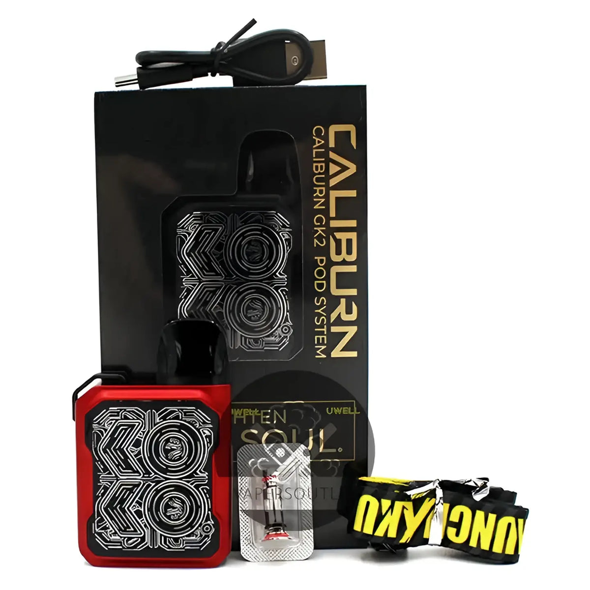 IVG Uwell Caliburn GK2 Pod System Kit in black with compact design and 18W power, ideal for vaping enthusiasts.