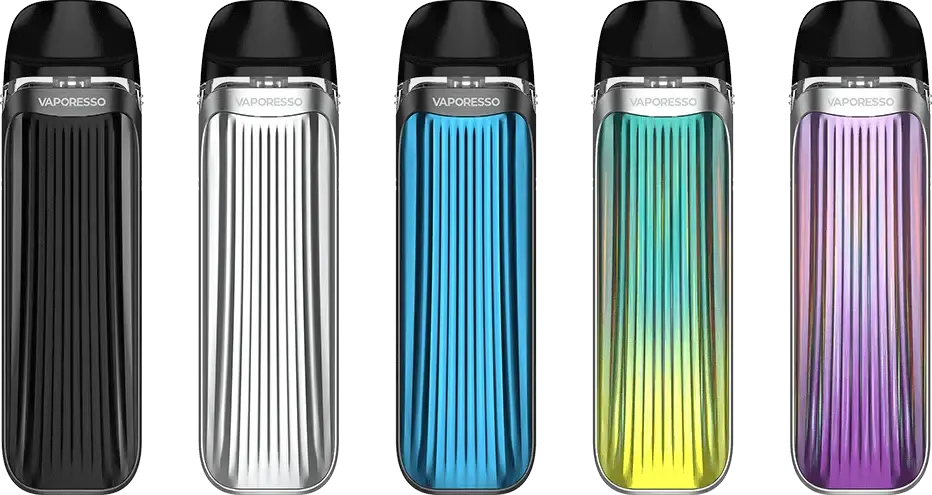 IVG Vaporesso Luxe QS Pod Kit in black with 1000mAh battery, compact vape device showing sleek design and mouthpiece.