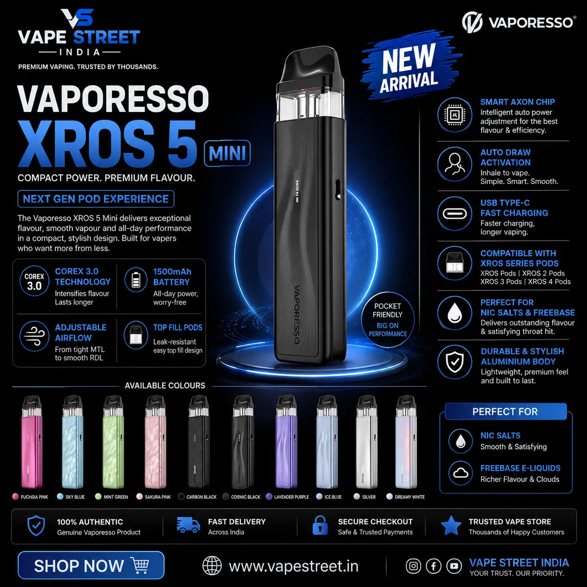 Black Vaporesso XROS 5 Mini Pod Kit by IVG, refillable vape device with sleek design, ideal for vaping enthusiasts in India.