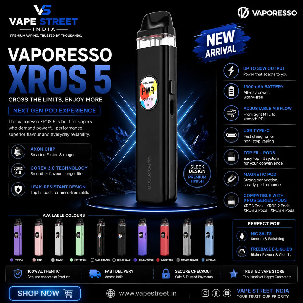 IVG Vaporesso XROS 5 Pod Kit in cosmic black, compact vape device with sleek design, ideal for vaping in India
