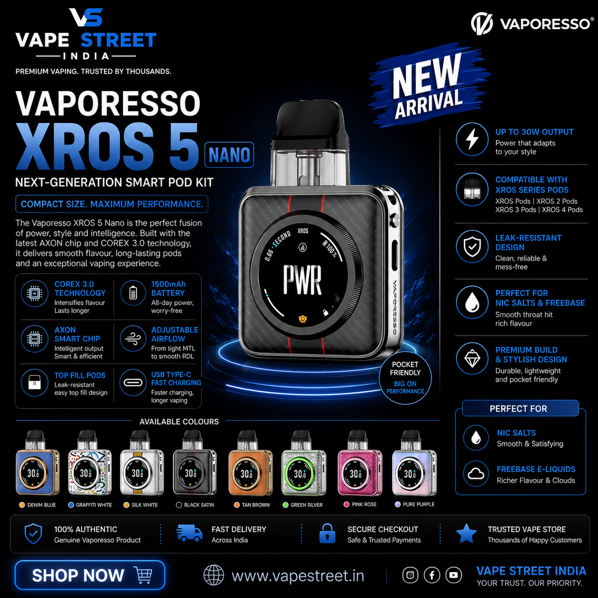 IVG Vaporesso XROS 5 Nano Pod Kit with Damascus Silver finish, compact vape device for easy vaping.