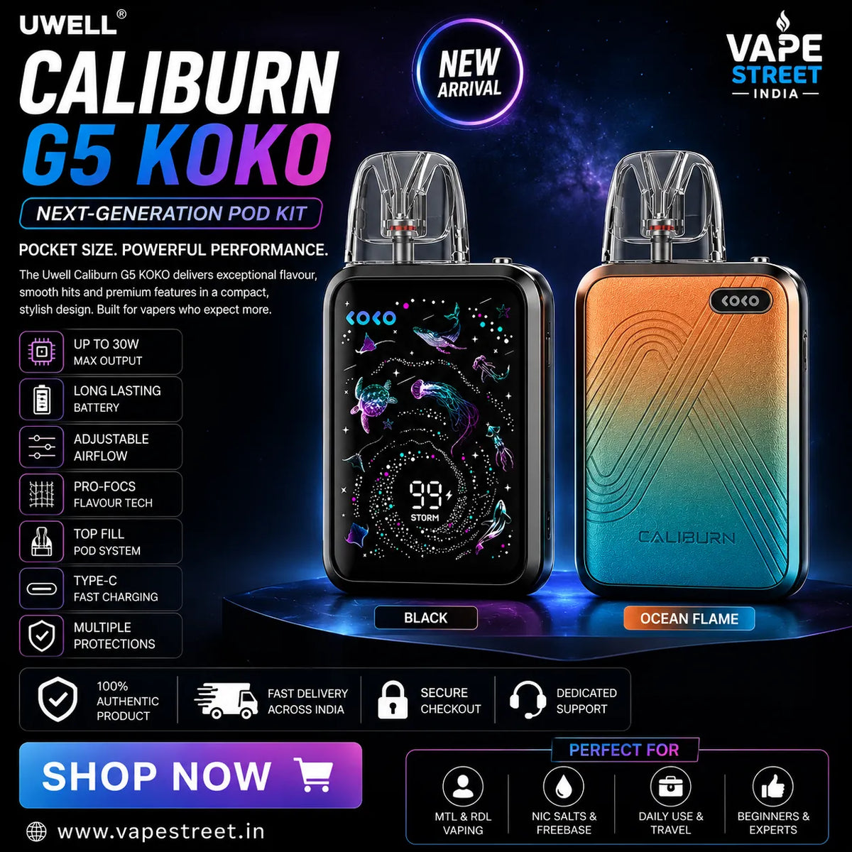 IVG Uwell Caliburn G5 KOKO Pod Kit with ocean flame design, compact vaping device for easy use and portability.