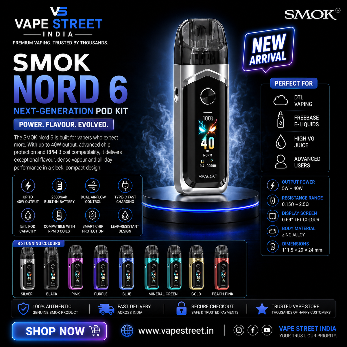 IVG SMOK Nord 6 Pod Kit in silver, compact vape device with sleek design and replaceable pods for flavorful vaping.