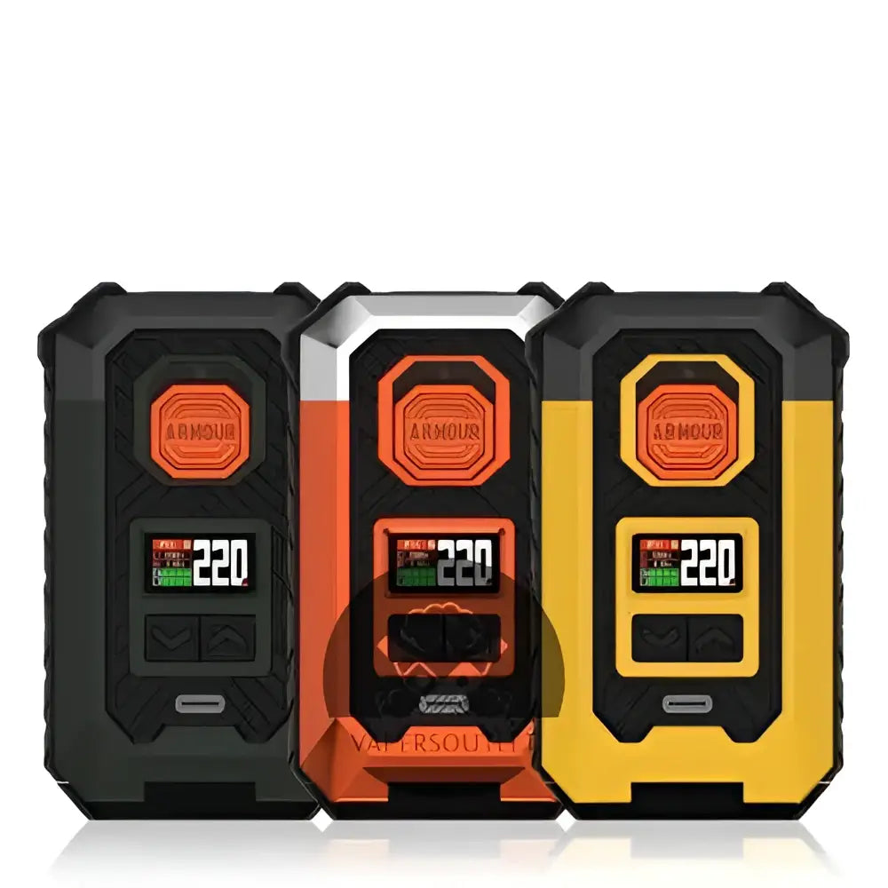 IVG Vaporesso Armour MAX 220W box mod kit, yellow DTL vape device with display screen and control buttons, front view.