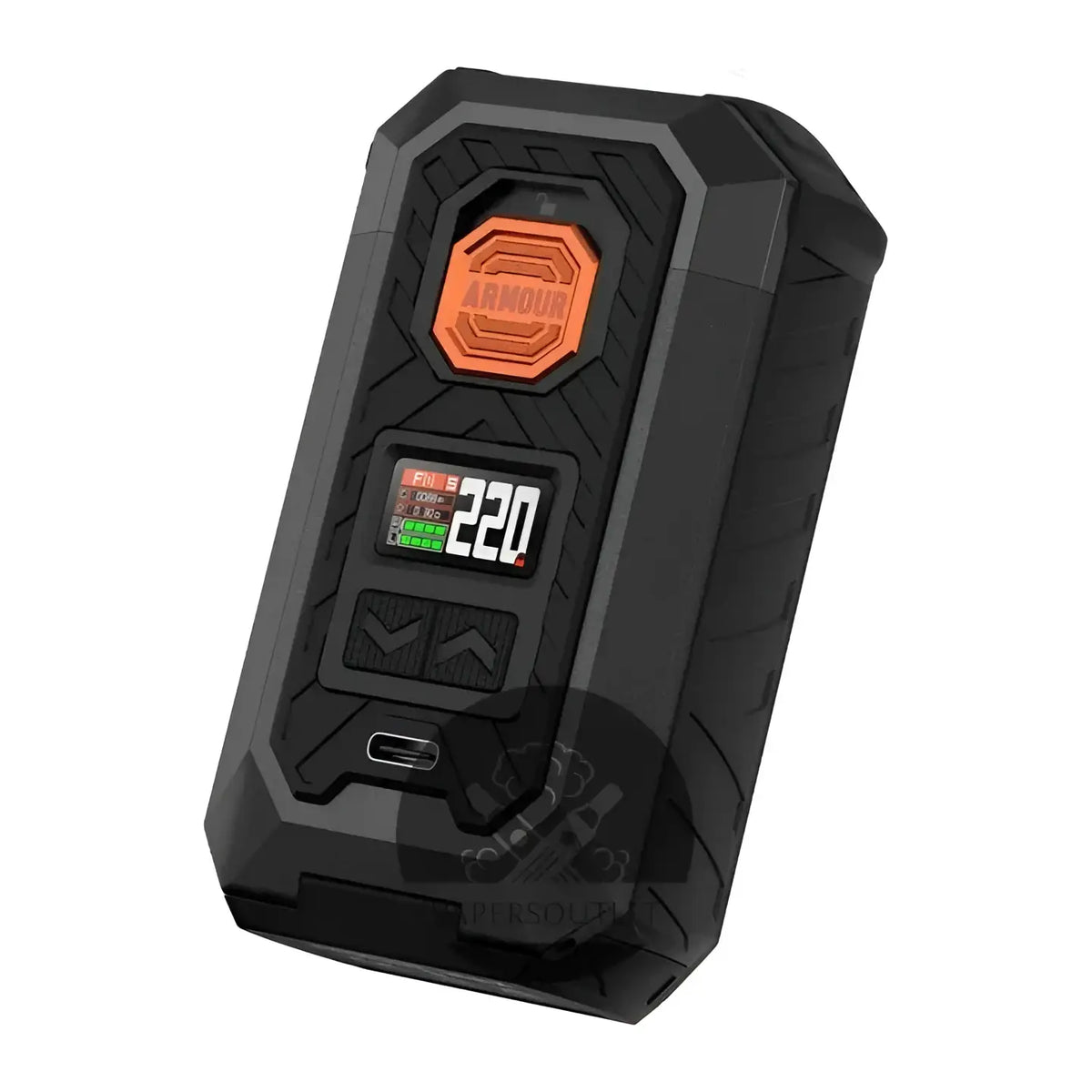 IVG Vaporesso Armour MAX 220W box mod kit with yellow design, DTL vape setup, showing device and accessories.