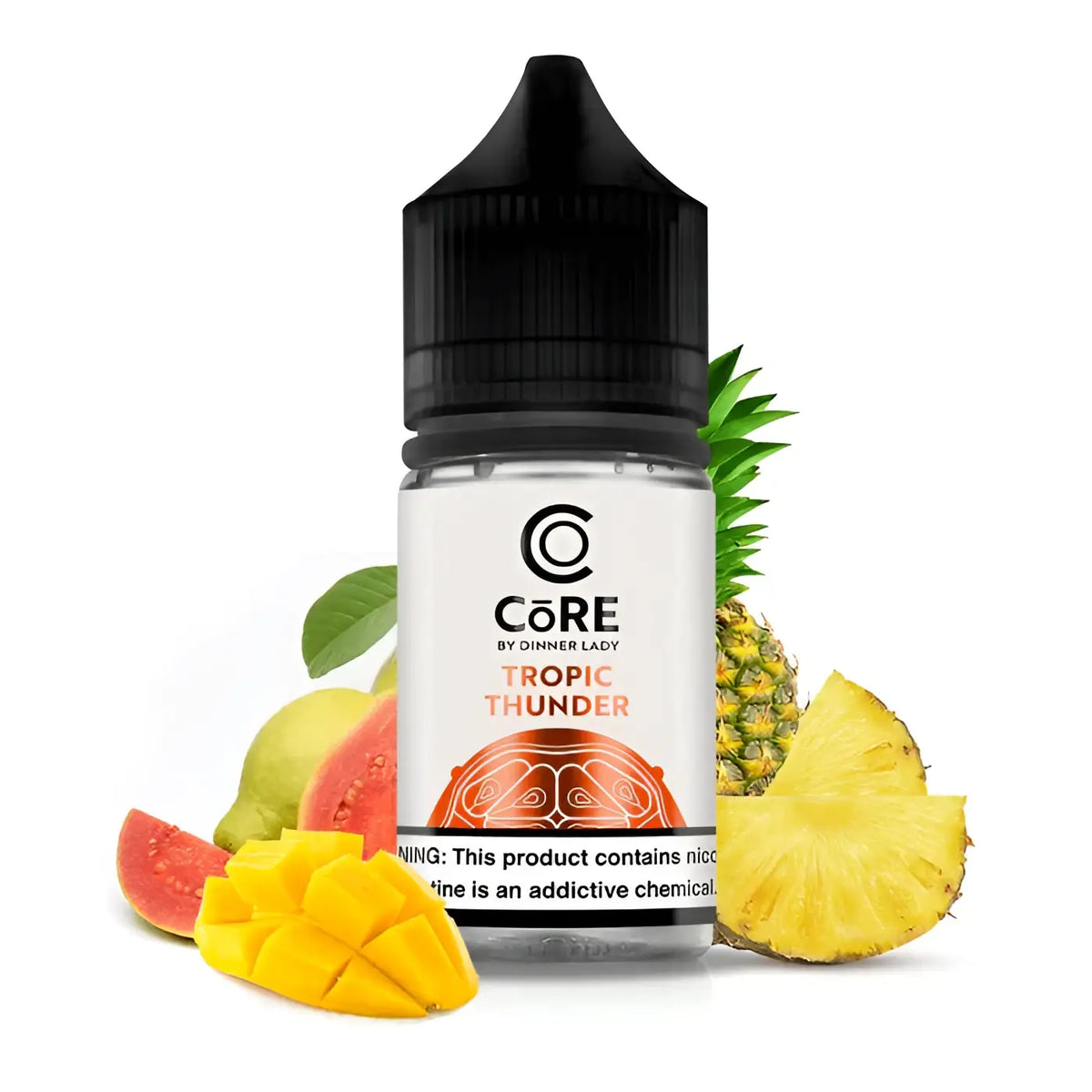 IVG Core Salt by Dinner Lady Tropic Thunder NIC SALT vape juice 30ml bottle with nicotine strength options, displayed on a vape shop shelf.