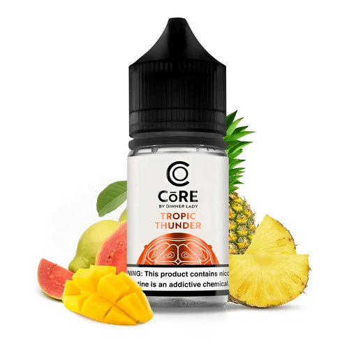 IVG Core Salt by Dinner Lady Tropic Thunder NIC SALT vape juice 30ml bottle with nicotine strength options, displayed on a vape shop shelf.