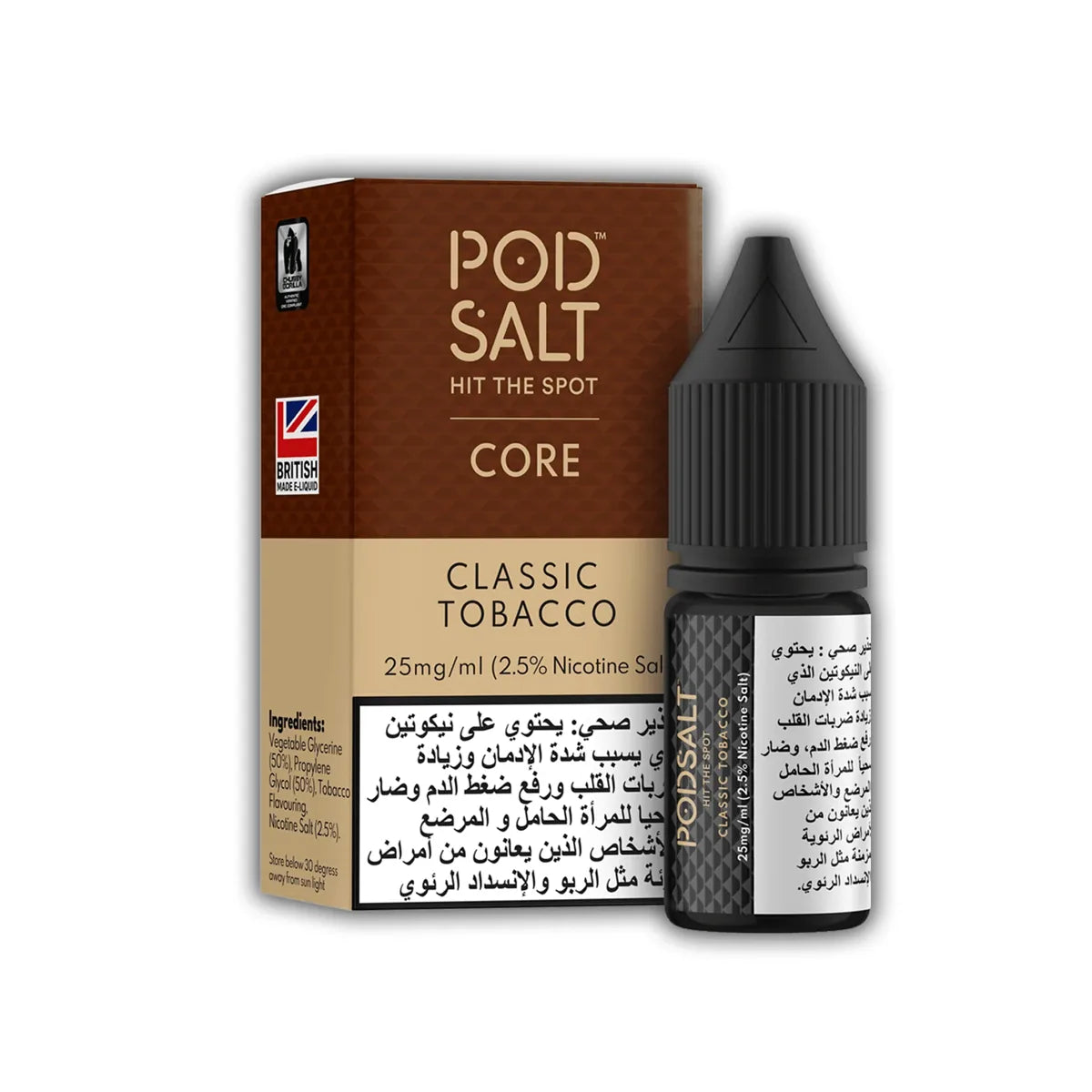IVG Pod Salt Core Classic Tobacco NIC SALT vape juice bottle with 30ml capacity, available in 20mg, 25mg, and 50mg nicotine strengths.