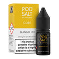 IVG Pod Salt Core Mango Ice nicotine salt vape juice in 30ml bottle, available in 20mg, 25mg, and 50mg strengths.