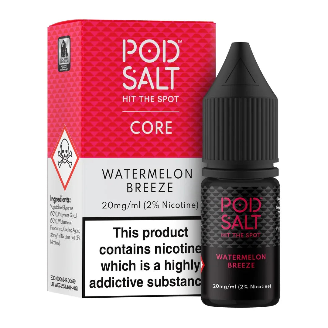 IVG Pod Salt Core Watermelon Breeze nicotine salt vape juice in 30ml bottle with 20MG, 25MG, or 50MG nicotine strength.