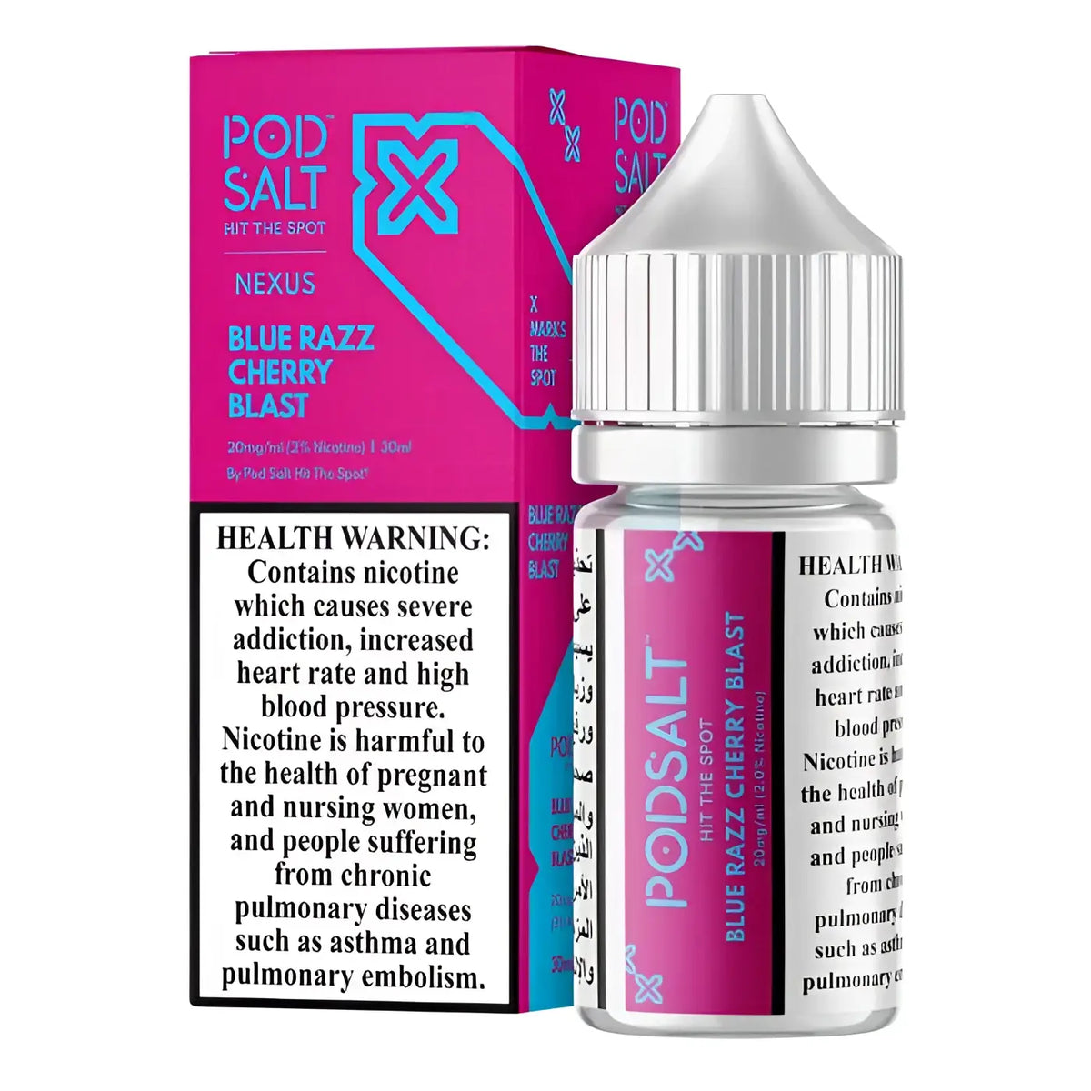 IVG Pod Salt Nexus Blue Razz Cherry Blast nicotine salt vape juice 30ml bottle with blue raspberry and cherry flavor.