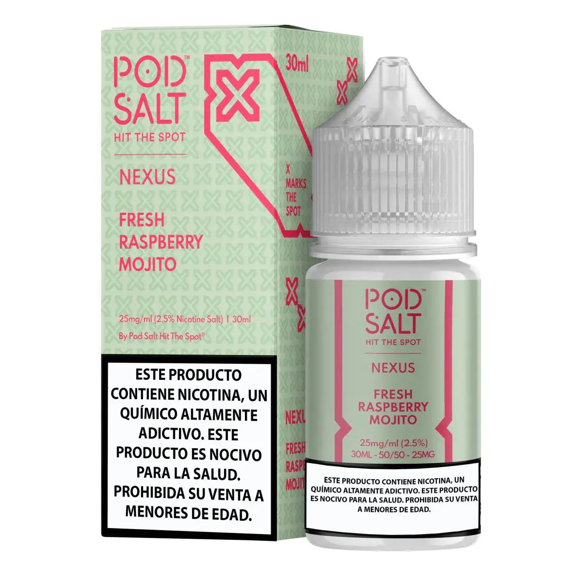 IVG Pod Salt Nexus Fresh Raspberry Mojito 30ml nic salt vape juice bottle with raspberry and mint flavor for vaping.