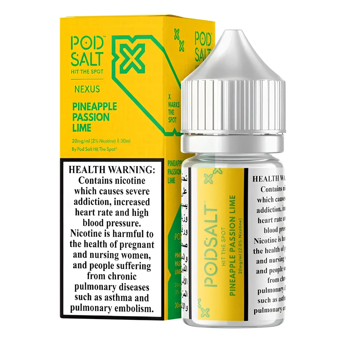 IVG Pod Salt Nexus Pineapple Passion Lime 30ML Nic Salt vape juice in 20MG and 50MG, featuring tropical fruit flavors.