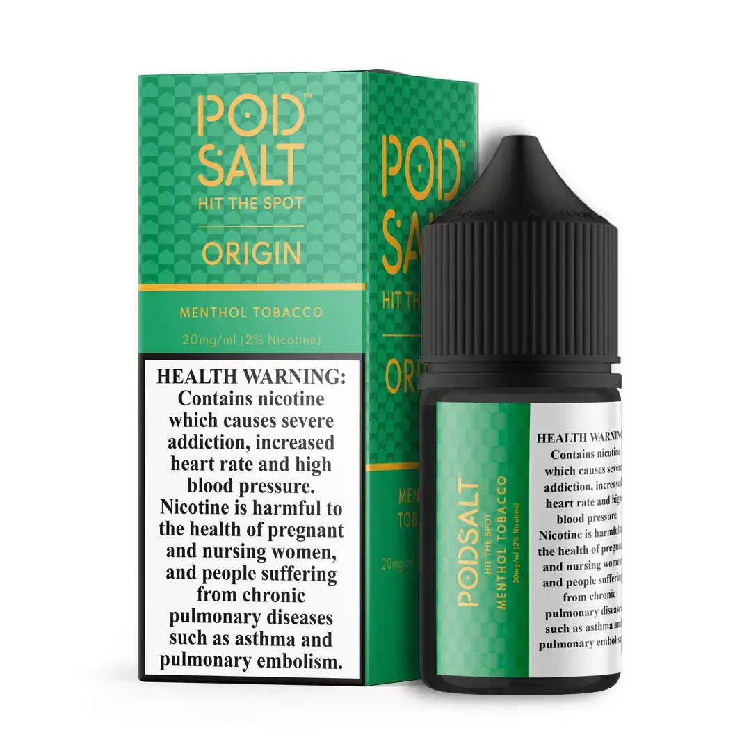 IVG Pod Salt Origin Menthol Tobacco NIC SALT vape juice in 30ML bottle with nicotine strengths 20MG, 25MG, 50MG.