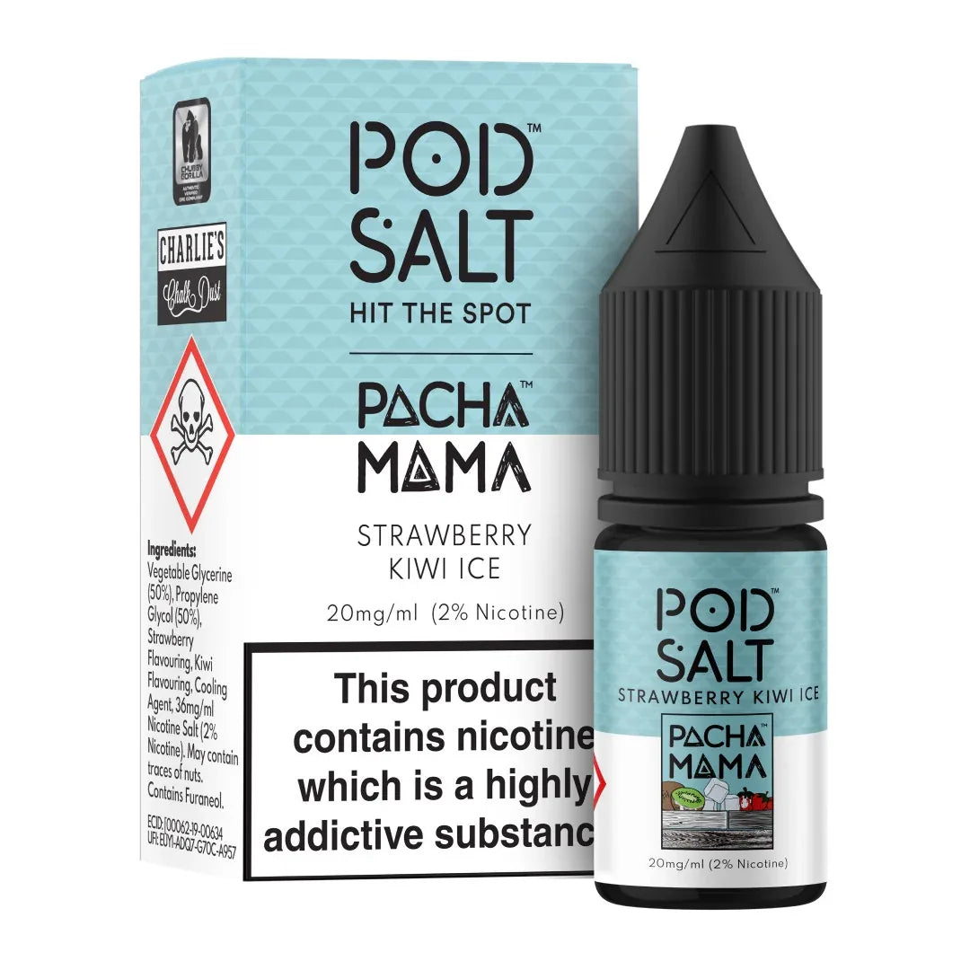 IVG Pod Salt Pacha Mama Strawberry Kiwi Ice nicotine salt vape juice in a 30ml bottle, available in 20mg, 25mg, and 50mg strengths.