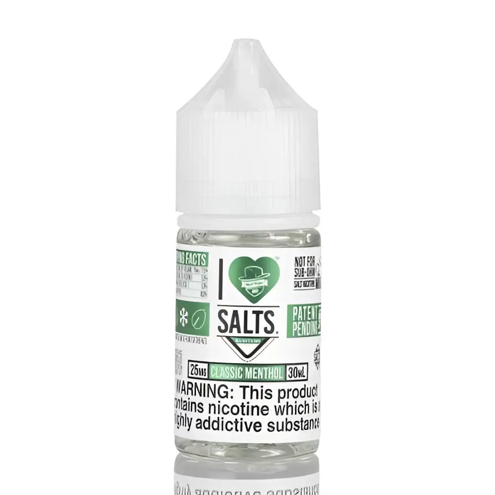 IVG I Love Salts Classic Menthol Nic Salt vape juice in 30ml bottle, available in 25mg and 50mg nicotine strengths, with menthol flavor.