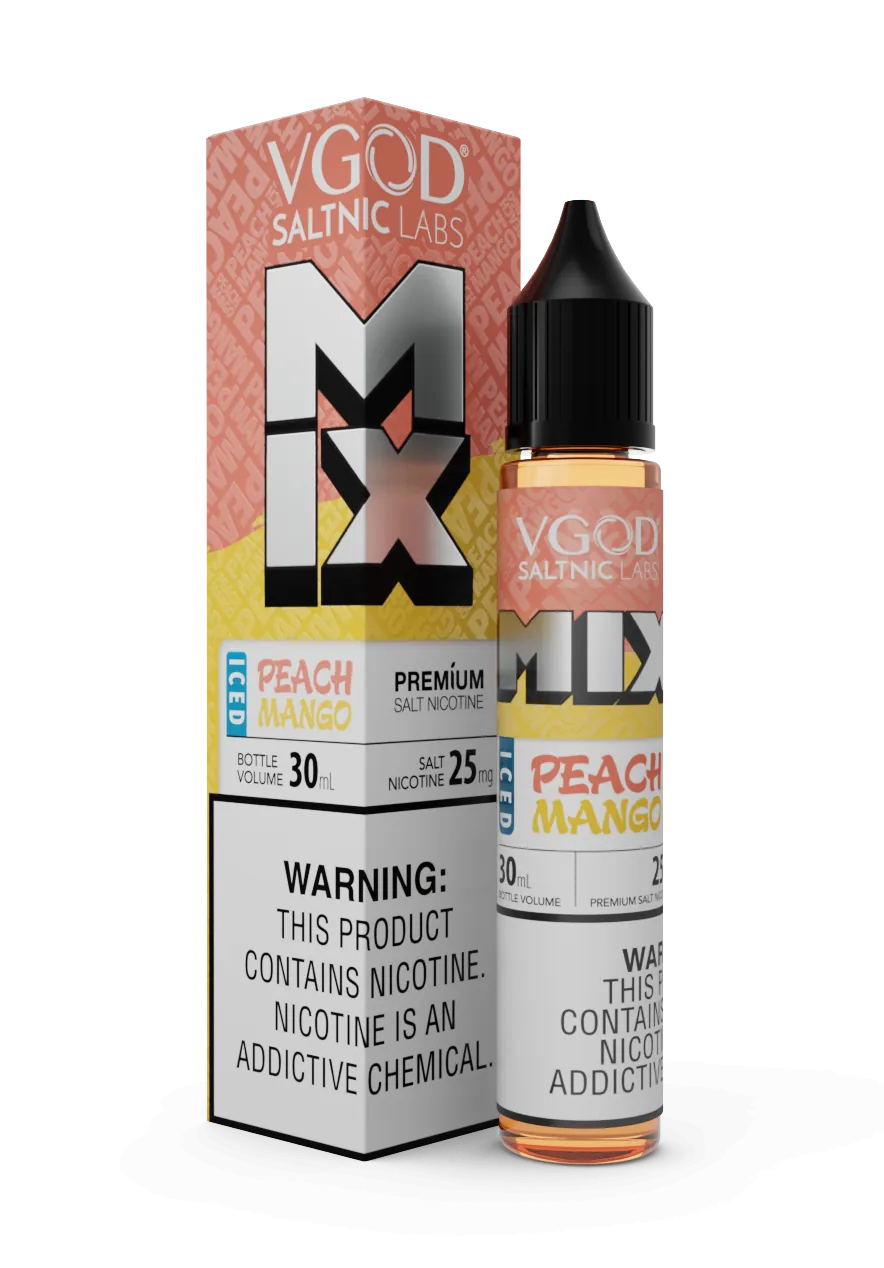 IVG SaltNic Labs Mix Iced Peach Mango nic salt e-liquid in 30ml bottle with 25mg nicotine, designed for vaping.