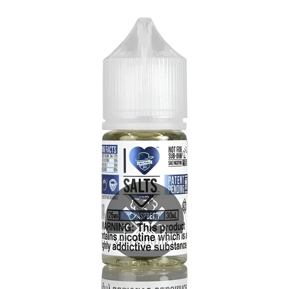 IVG I Love Salts blue raspberry nicotine salt e-liquid bottle, 30ml, 50mg and 25mg nicotine strength, with blue raspberry flavor.