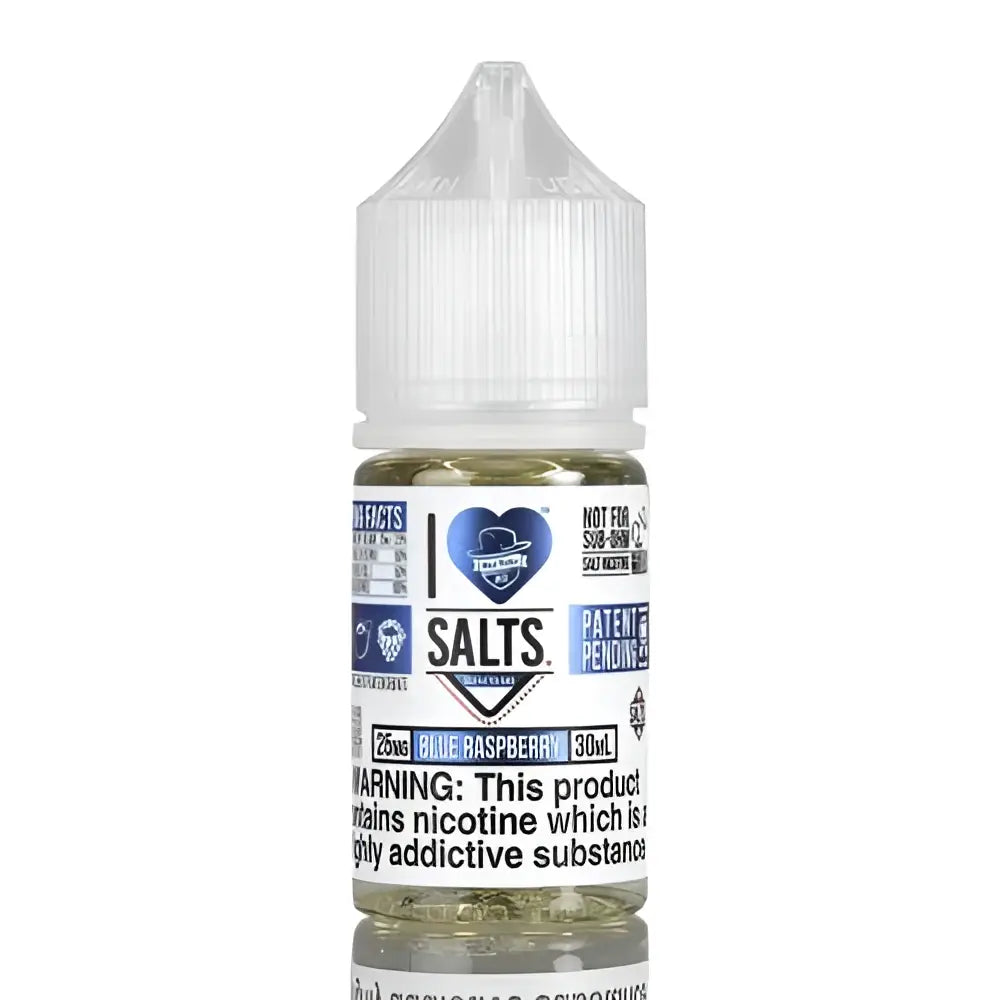 IVG I Love Salts Blue Raspberry Nic Salt vape juice bottle, 30ml, 25MG or 50MG nicotine, with blue raspberry flavor.