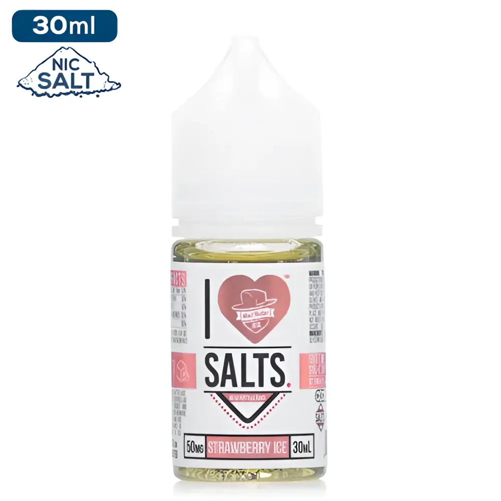IVG I Love Salts Strawberry Ice Nic Salt vape juice bottle, 30ml, 25mg or 50mg nicotine, with strawberry and icy flavor details.