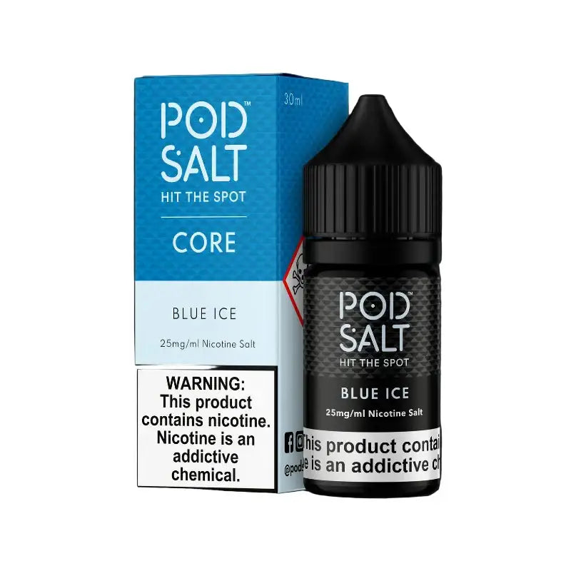 IVG Pod Salt Core Blue Ice 30ML Nic Salt vape juice in 20MG, 25MG, 50MG, showing sleek bottle with blue ice flavor.