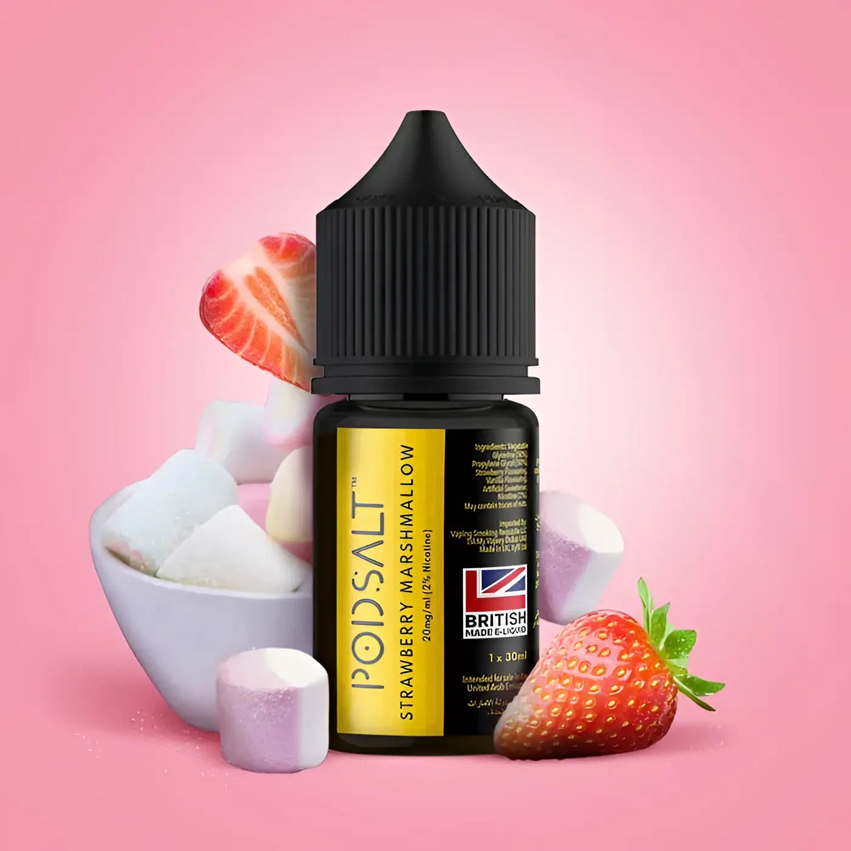 IVG Pod Salt Strawberry Marshmallow nicotine salt vape juice in 30ml bottle, available in 20mg, 25mg, and 50mg strength.