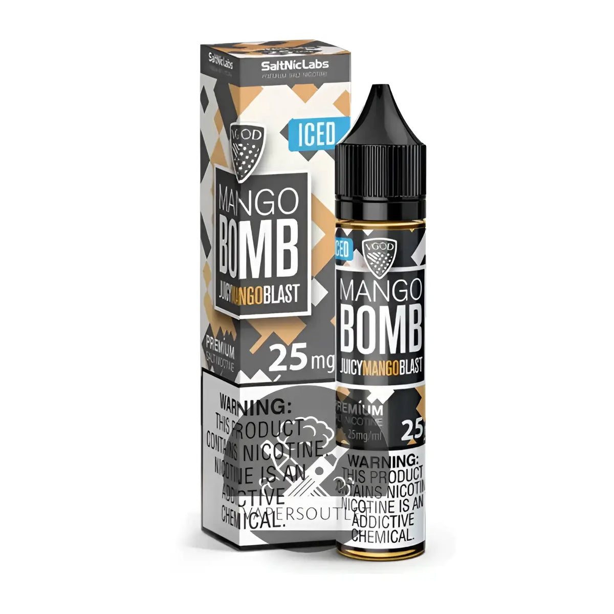 IVG Salt Nic Iced Mango Bomb vape juice in 30ml bottle, 25mg and 50mg nicotine, with icy mango flavor for salt nicotine vapers.